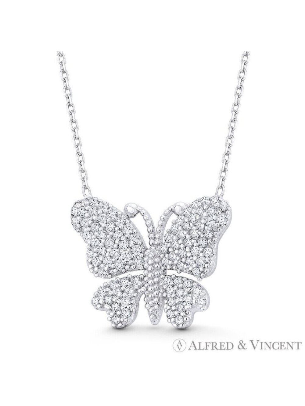 Butterfly Charm CZ Crystal Pendant & Chain Necklace in .925 Sterling Silver